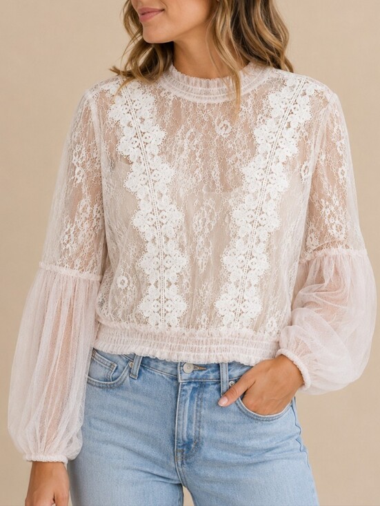 A.Peach Tops - A.Peach Sheer Lace Blouse Top L Cream Mock Neck Balloon Sleeve Romantic Boho